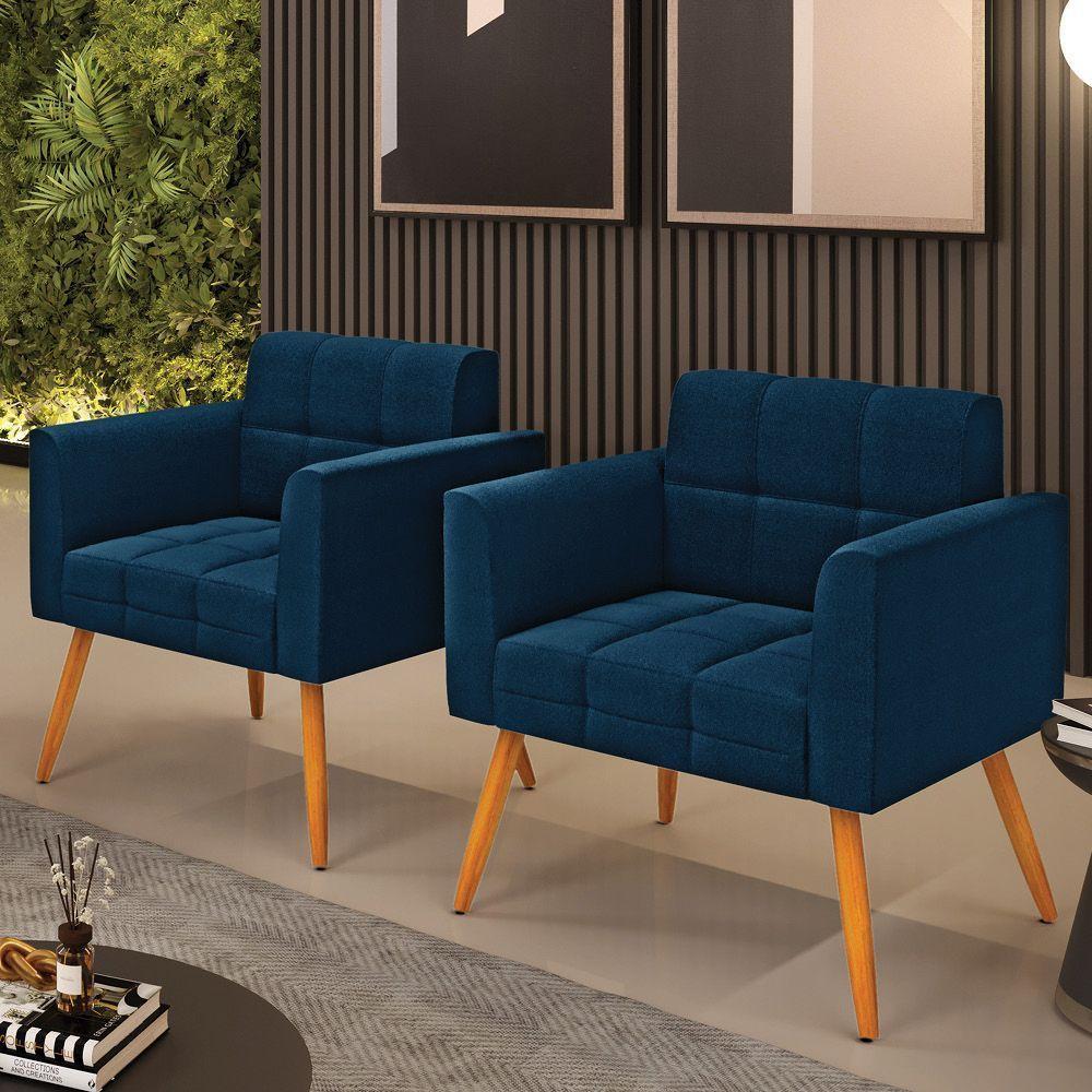 Poltrona Sala Estar Pé Palito Castanho Kit 2 Elisa Bouclê D03 - D'rossi Cor Azul - 7