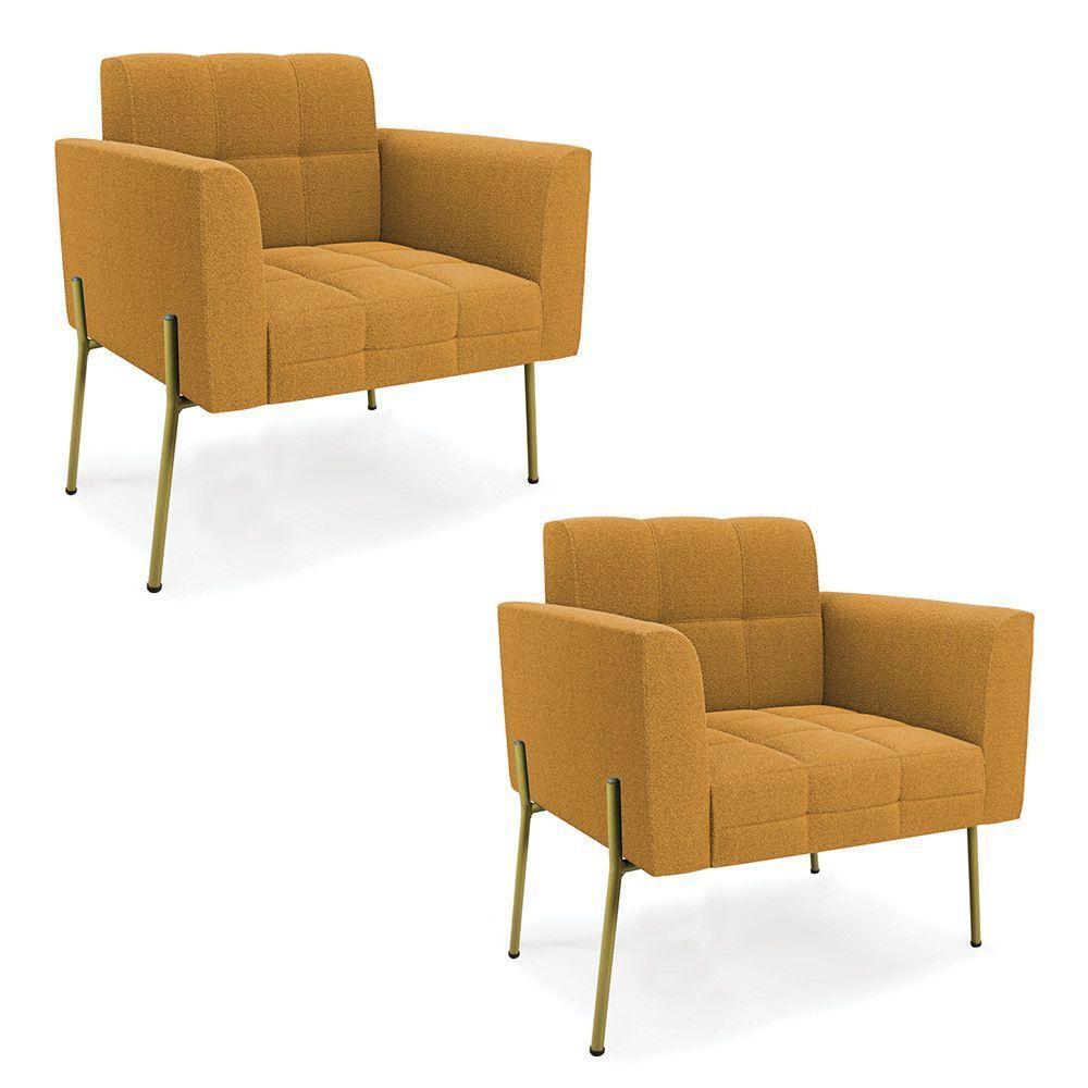 Poltrona Sala Estar Pé Ferro Dourado Kit 2 Elisa Bouclê Mostarda D03 - D'rossi - 1