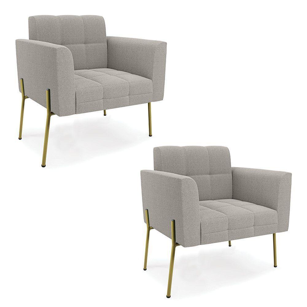 Poltrona Sala Estar Pé Ferro Dourado Kit 2 Elisa Bouclê Cinza D03 - D'rossi - 1