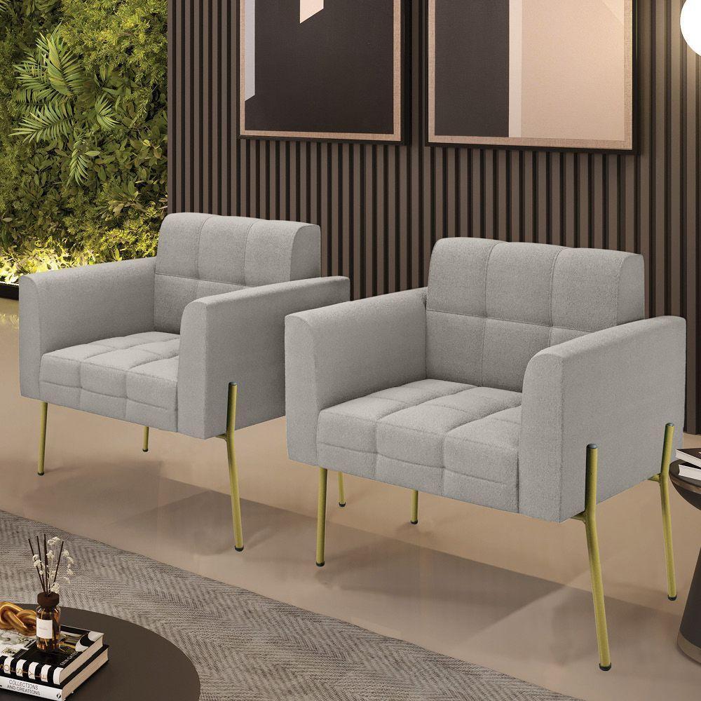 Poltrona Sala Estar Pé Ferro Dourado Kit 2 Elisa Bouclê Cinza D03 - D'rossi - 6