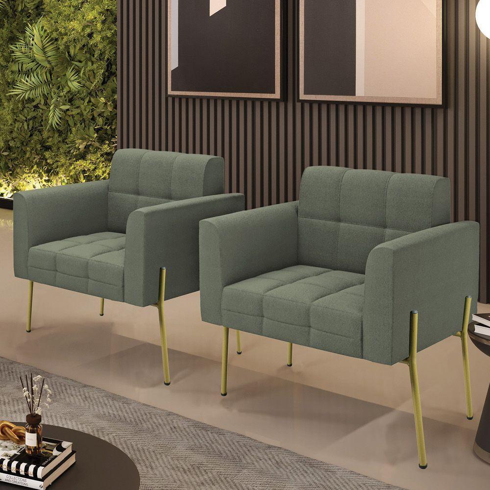 Poltrona Sala Estar Pé Ferro Dourado Kit 2 Elisa Bouclê Menta D03 - D'rossi - 6