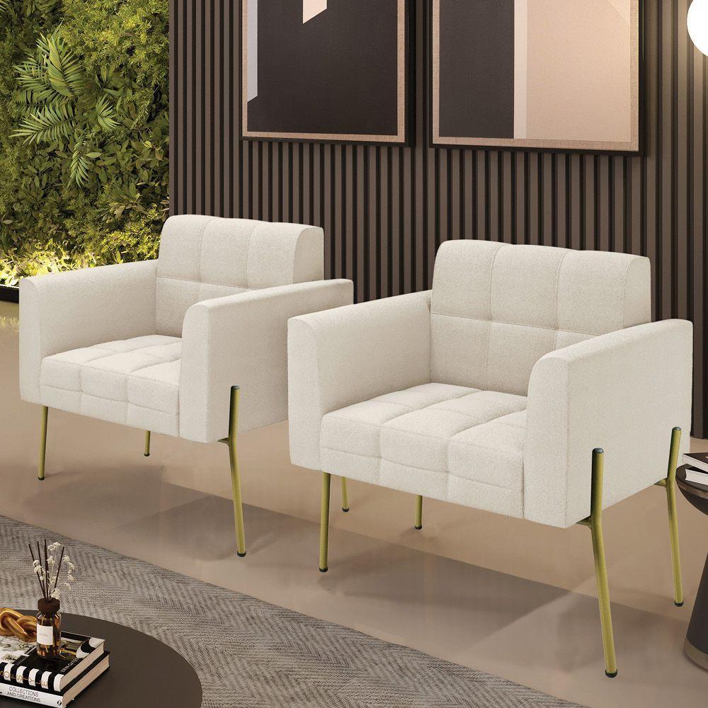 Poltrona Estar Pé Ferro Dourado Kit 2 Elisa Bouclê D03 Cor Bege - 6