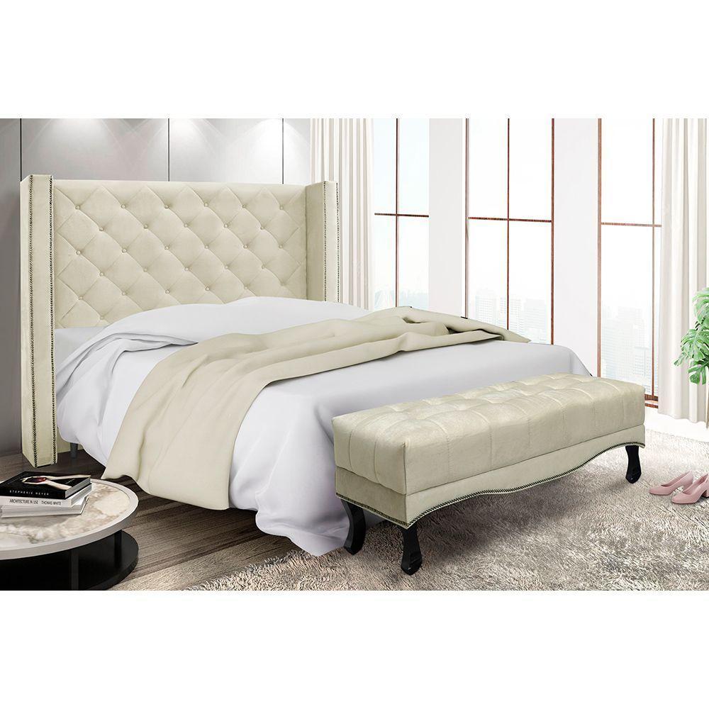 Cabeceira Cama Box King 195cm e Recamier Vicenza Veludo S04 Cor Bege - 5