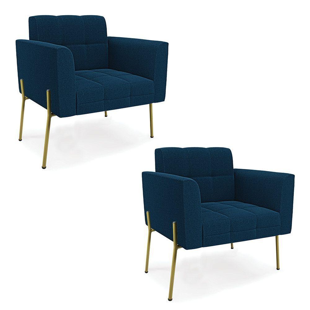 Poltrona Estar Pé Ferro Dourado Kit 2 Elisa Bouclê D03 Cor Azul - 1