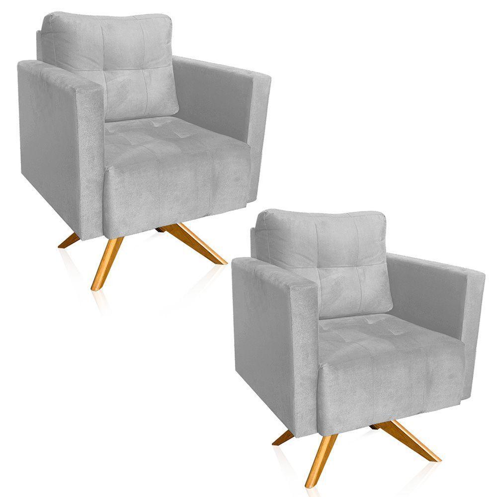 Kit 2 Poltronas Giratória Livia Suede Cinza Base De Madeira Ma30 - D'rossi - 1