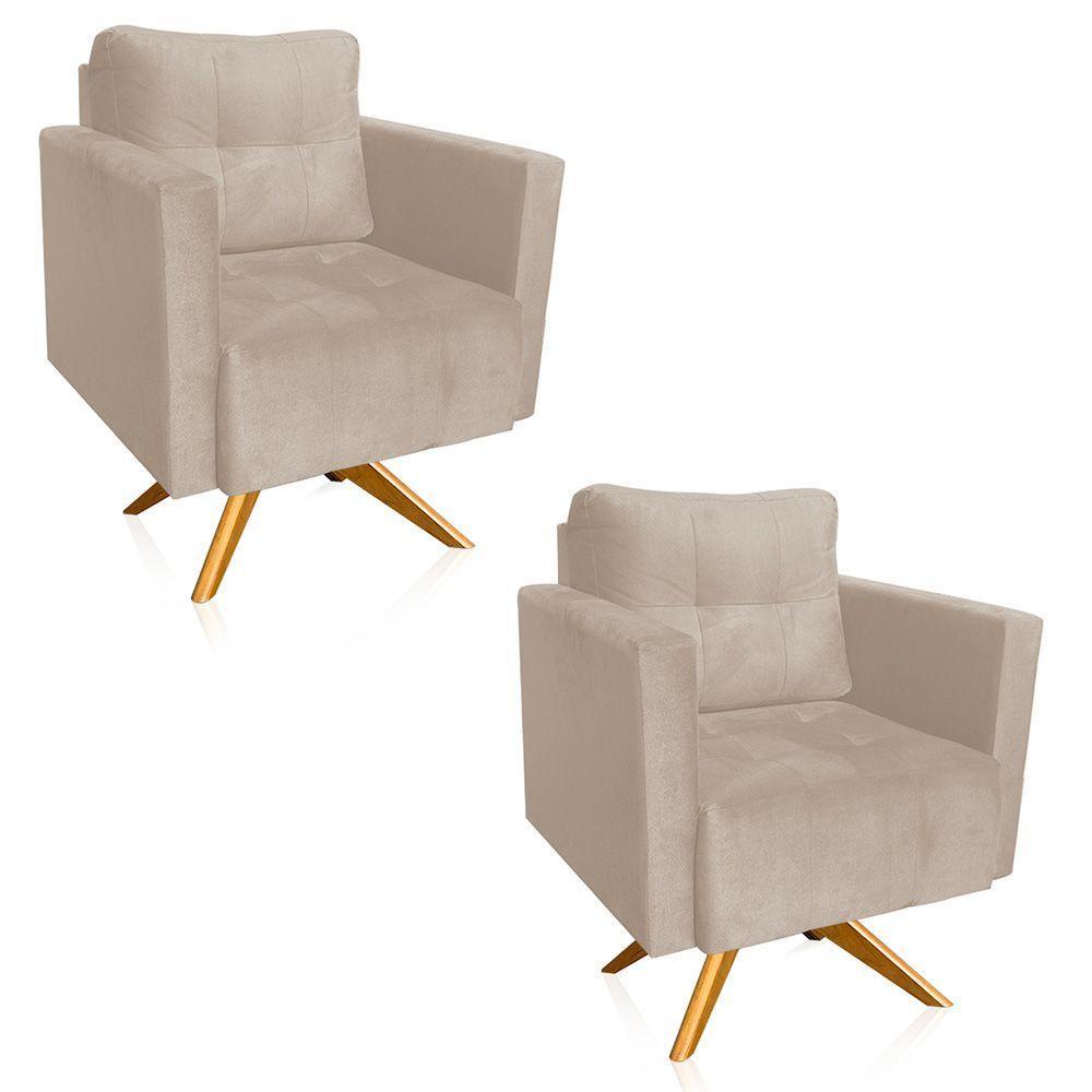 Kit 2 Poltronas Giratória Livia Suede Bege Base De Madeira Ma30 - D'rossi - 1