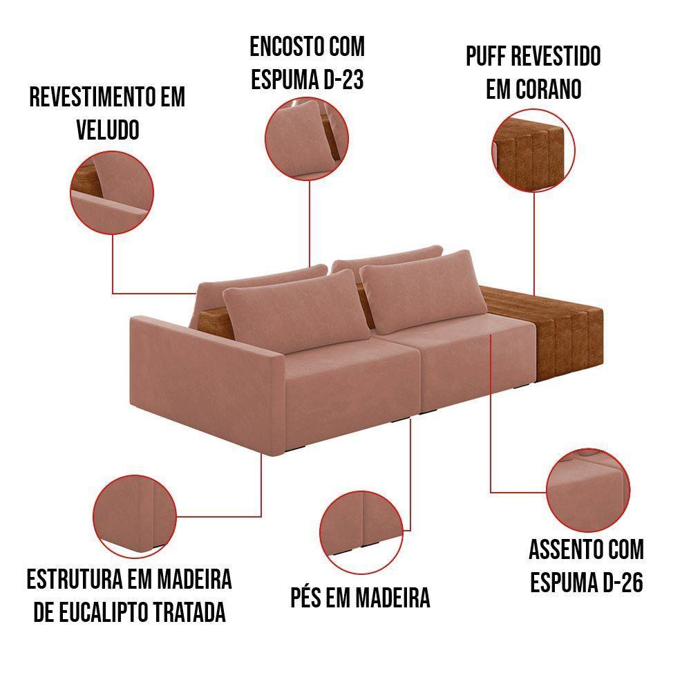 Sofá Ilha 2 Lugares Living 272cm Modulado Lary Veludo K01 Cor Rose - 5