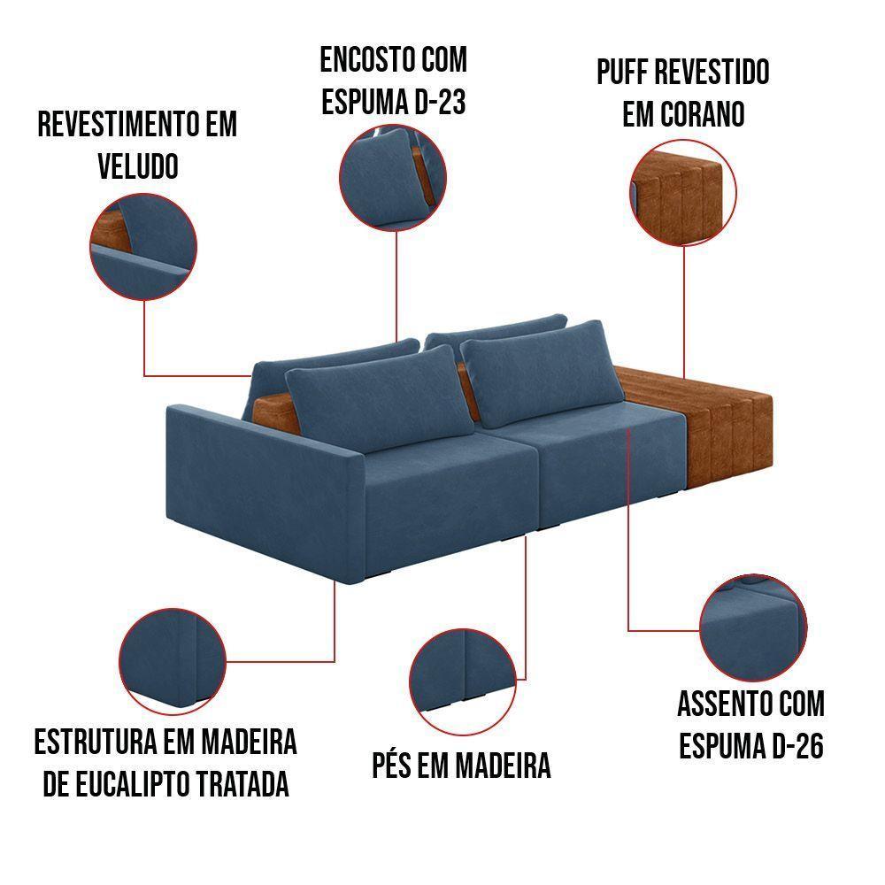 Sofá Ilha 2 Lugares Living 252cm Modulado Lary Veludo K01 Cor Azul Marinho - 5
