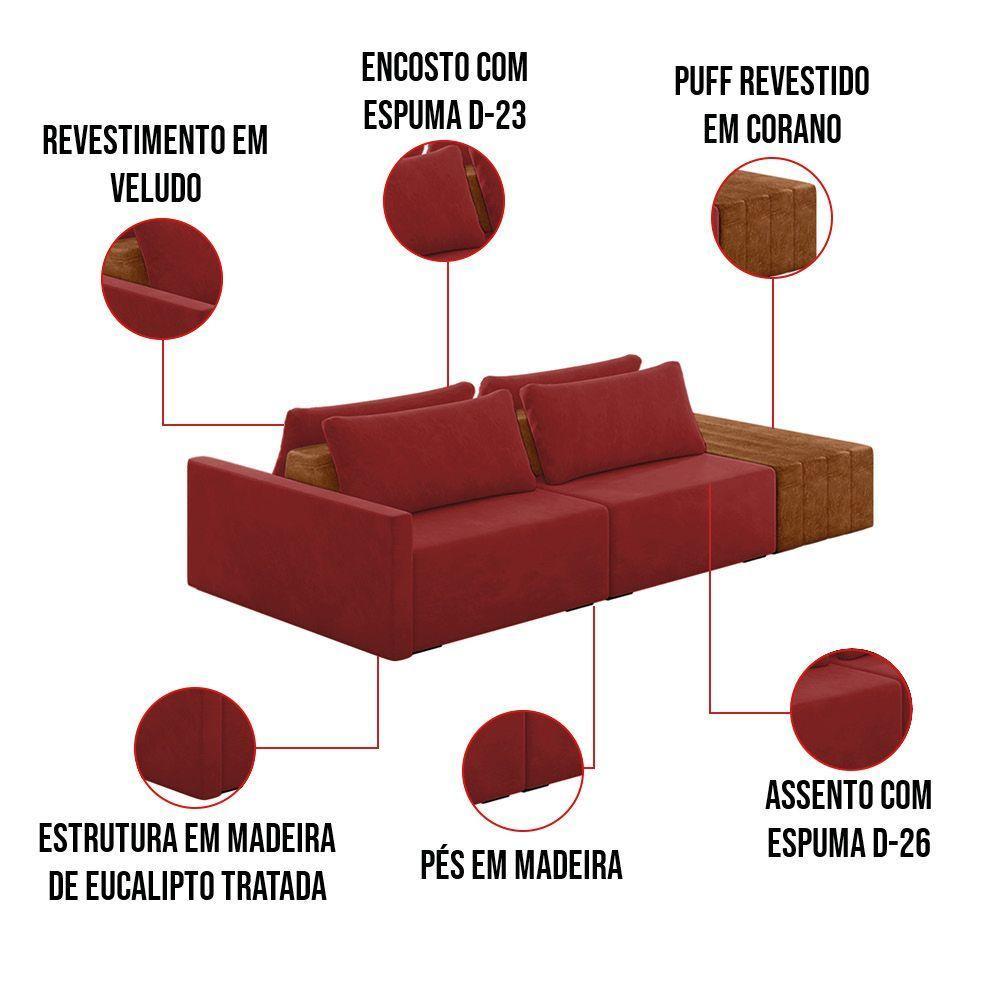 Sofá Ilha 2 Lugares Living 272cm Modulado Lary Veludo K01 Cor Vermelho - 5