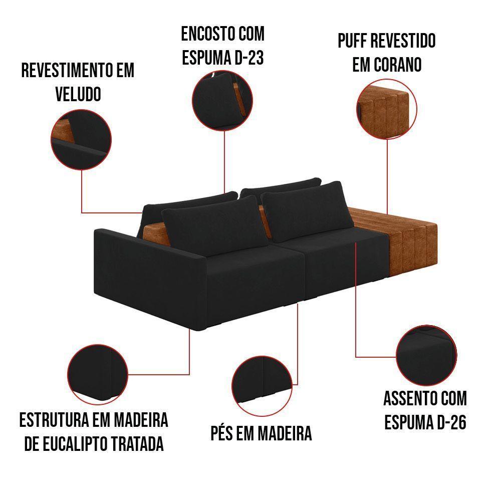 Sofá Ilha 2 Lugares Living 252cm Modulado Lary Veludo Preto K01 - D'rossi - 5
