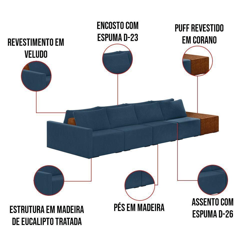 Sofá Ilha 4 Lugares Living 392cm Modulado Lary Veludo Azul Marinho K01 - D'rossi - 2