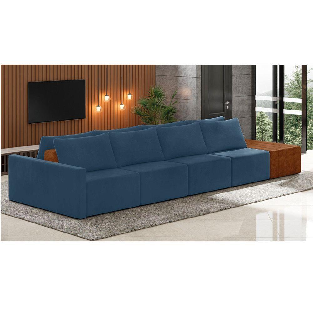 Sofá Ilha 4 Lugares Living 392cm Modulado Lary Veludo Azul Marinho K01 - D'rossi - 3