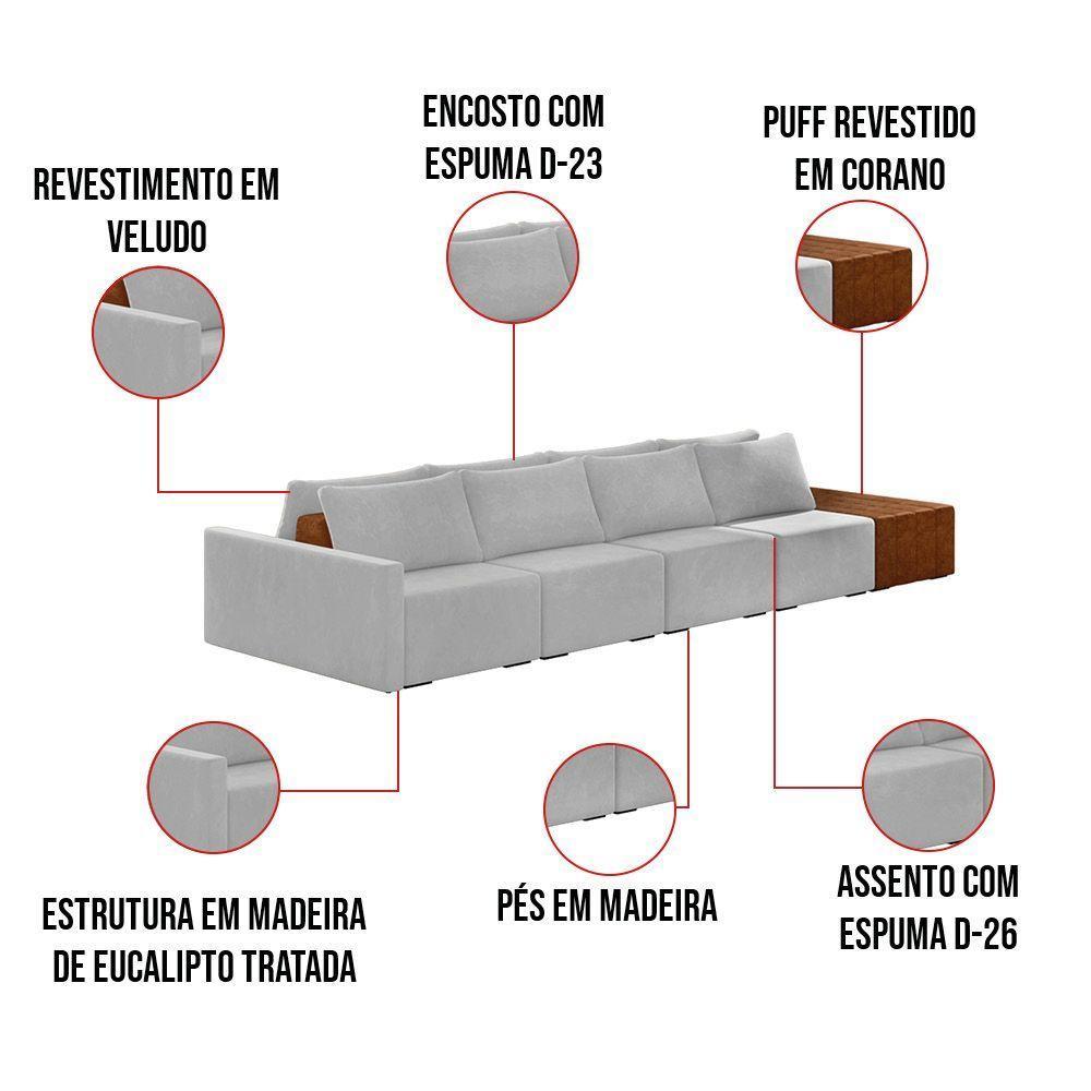 Sofá Ilha 4 Lugares Living 392cm Modulado Lary Veludo K01 Cor Cinza - 5