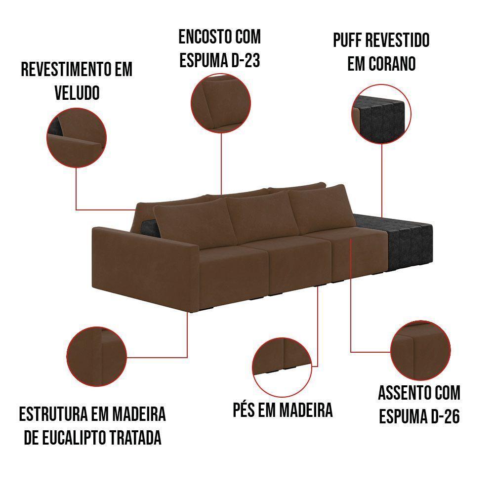 Sofá Ilha 3 Lugares Living 402cm Modulado Lary Veludo Marrom Pu Pto K01 - D'rossi - 5