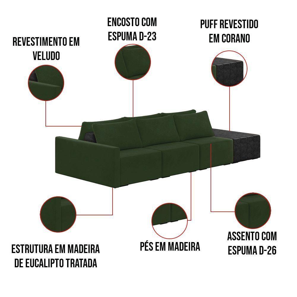 Sofá Ilha 3 Lugares Living 372cm Modulado Lary Veludo Verde Pu Pto K01 - D'rossi - 5