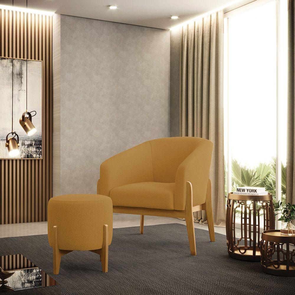 Puff Banqueta Decorativo Base Madeira Stella Bouclê Mostarda P01 - D'rossi - 4