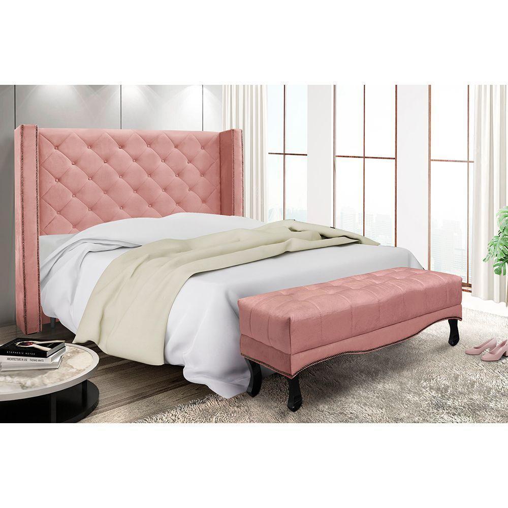 Cabeceira Cama Box Queen 160cm e Recamier Vicenza Veludo S04 Cor Rosa - 5