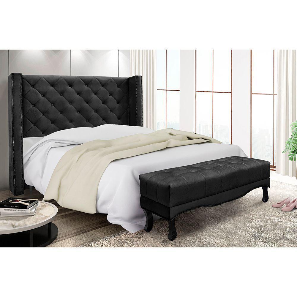 Cabeceira Cama Box Solteiro 90cm e Recamier Vicenza Suede S04 Cor Preto - 5