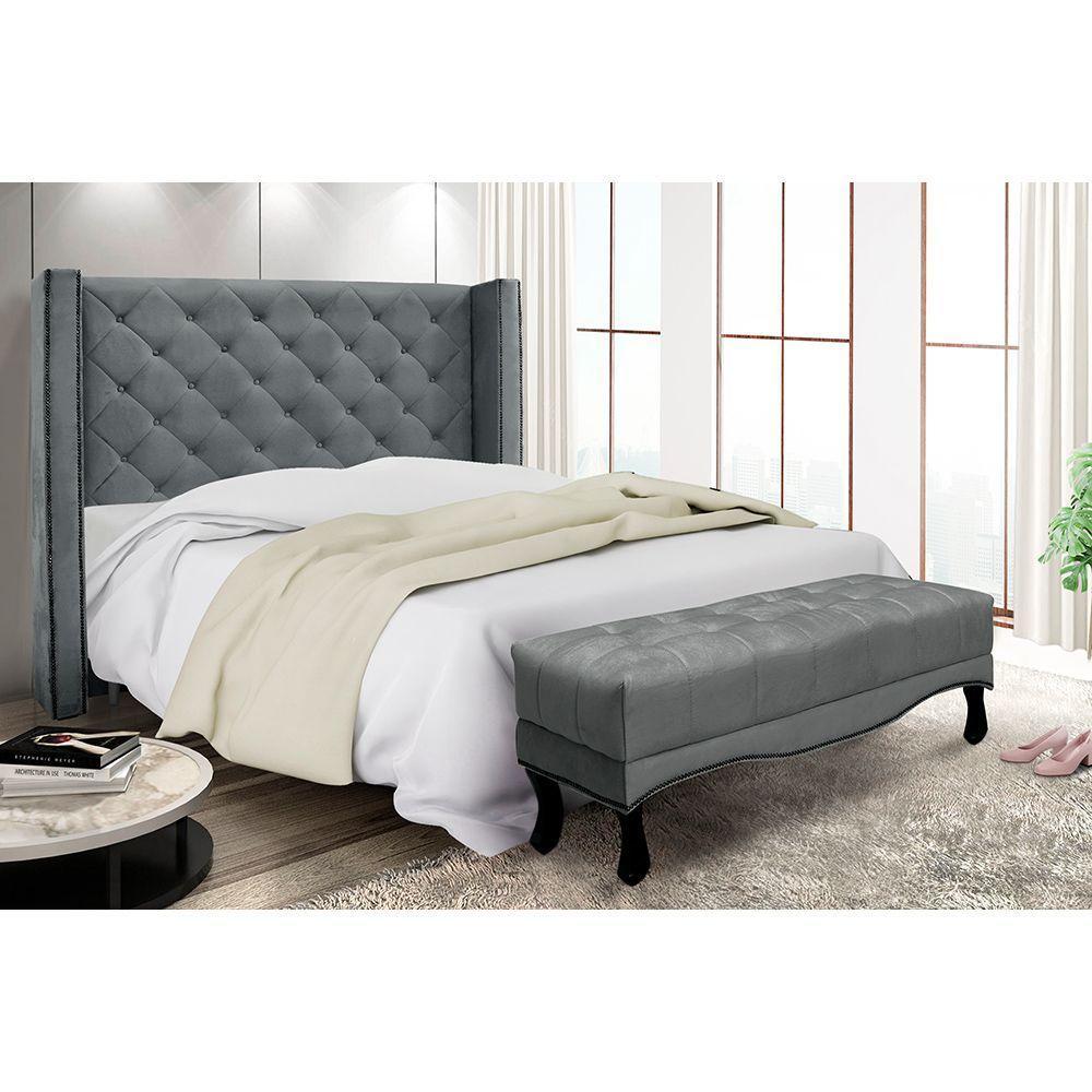 Cabeceira Cama Box Casal 140cm e Recamier Vicenza Veludo S04 Cor Cinza - 5