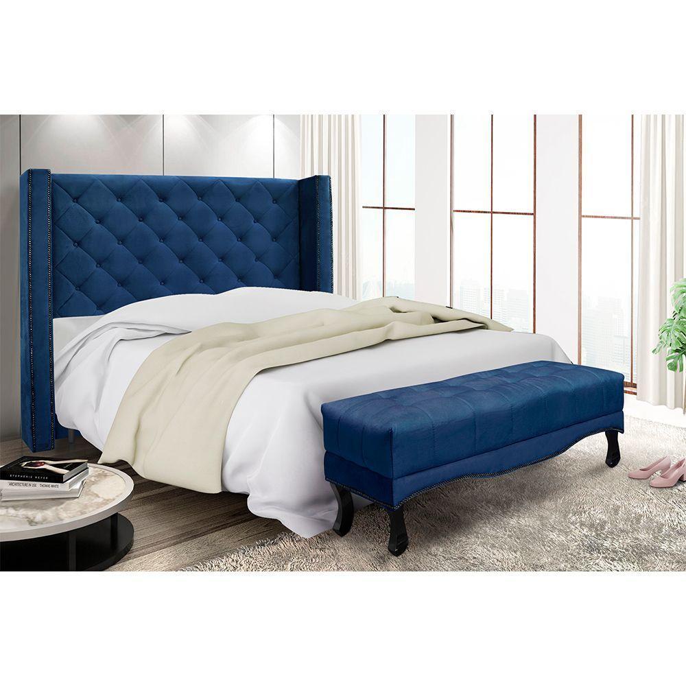Cabeceira Cama Box Queen 160cm e Recamier Vicenza Suede S04 Cor Azul Marinho - 5