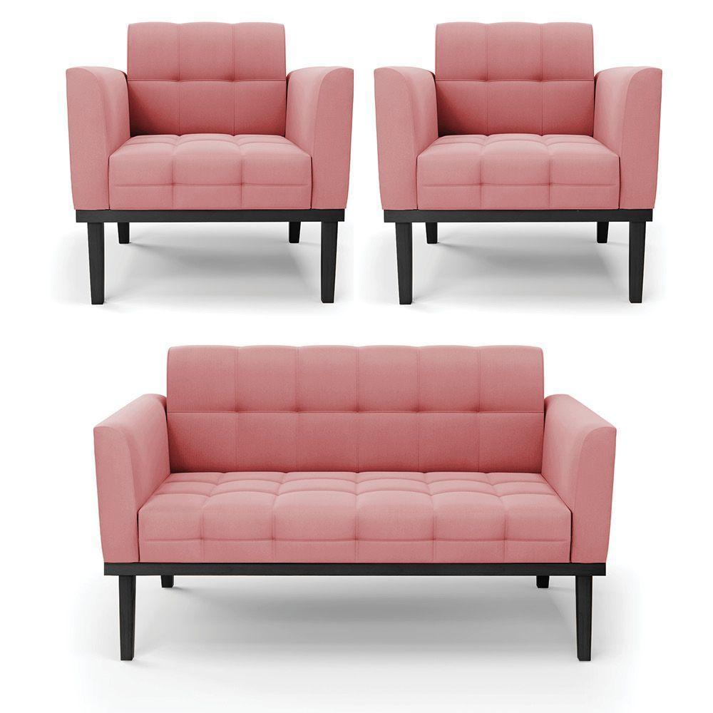 Conjunto 2 Poltronas E 1 Namoradeira Decorativa Karen Pés Fixo Em Madeira Preto Suede Rose G19 - Gran Belo - 1