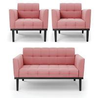 Conjunto 2 Poltronas E 1 Namoradeira Decorativa Karen Pés Fixo Em Madeira Preto Suede Rose G19 - Gran Belo - 1