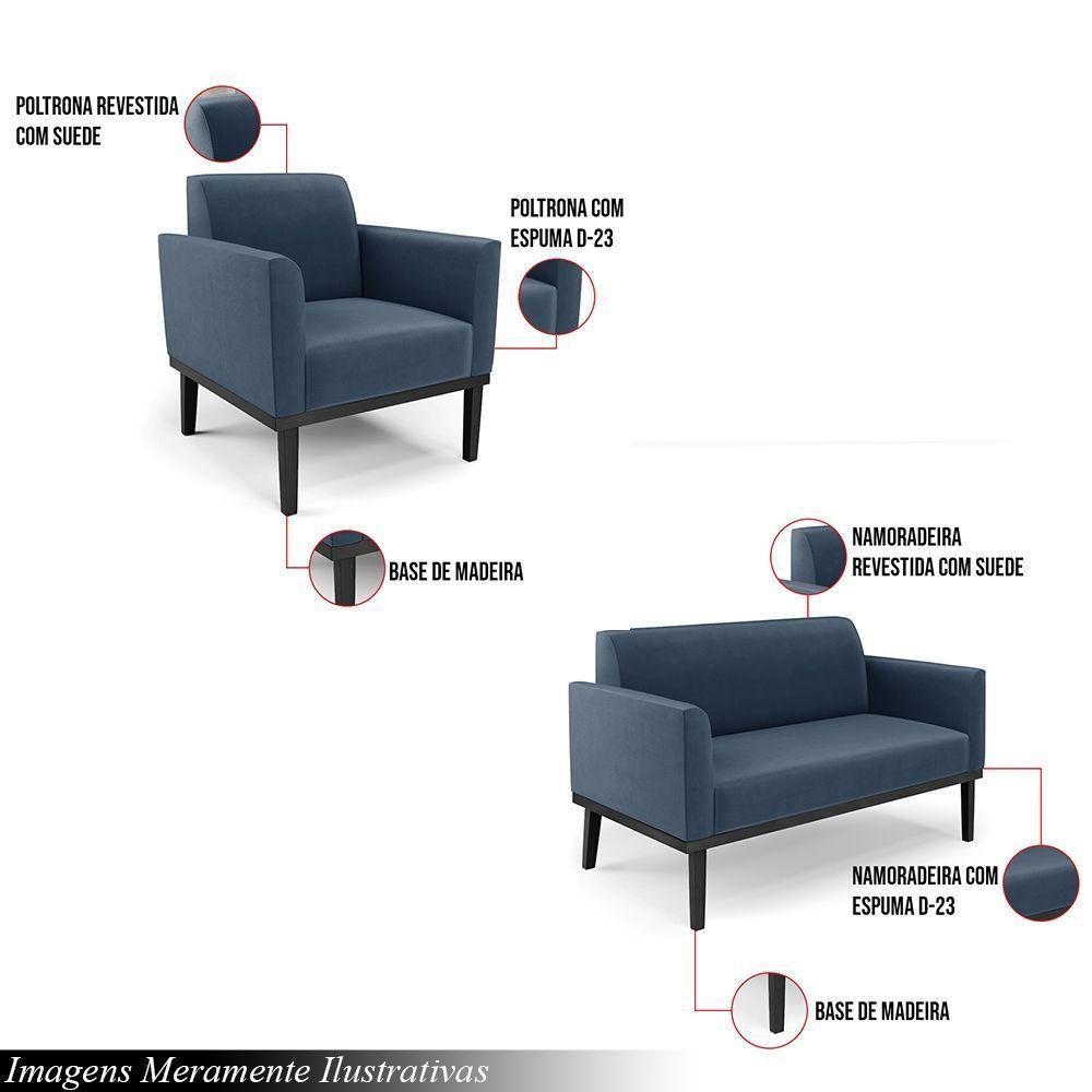 Conjunto 2 Poltronas E 1 Namoradeira Decorativa Isabella Pés Fixo Em Madeira Preto Suede Azul Marinho G19 - Gran Belo - 4