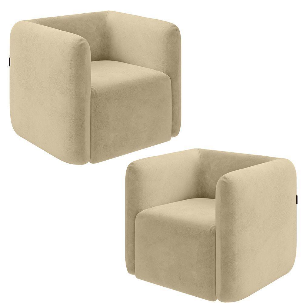 Kit 2 Poltronas Decorativas Sala De Estar Trinidad Base Fixa Veludo Bege G33 - Gran Belo - 1