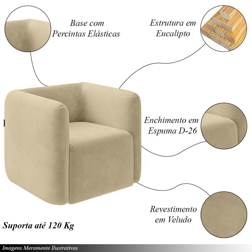 Kit 2 Poltronas Decorativas Sala De Estar Trinidad Base Fixa Veludo Bege G33 - Gran Belo - 8
