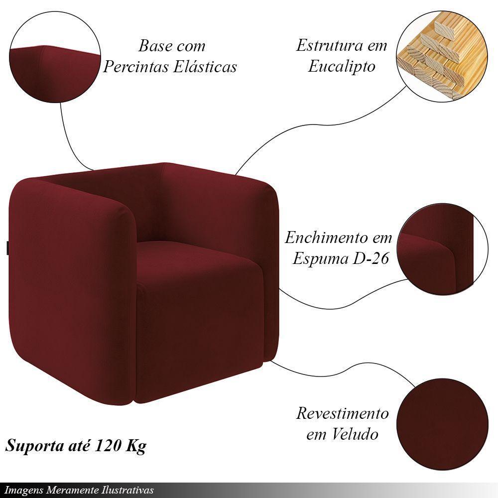 Kit 2 Poltronas Decorativas Sala De Estar Trinidad Base Fixa Veludo Bordô G33 - Gran Belo - 8