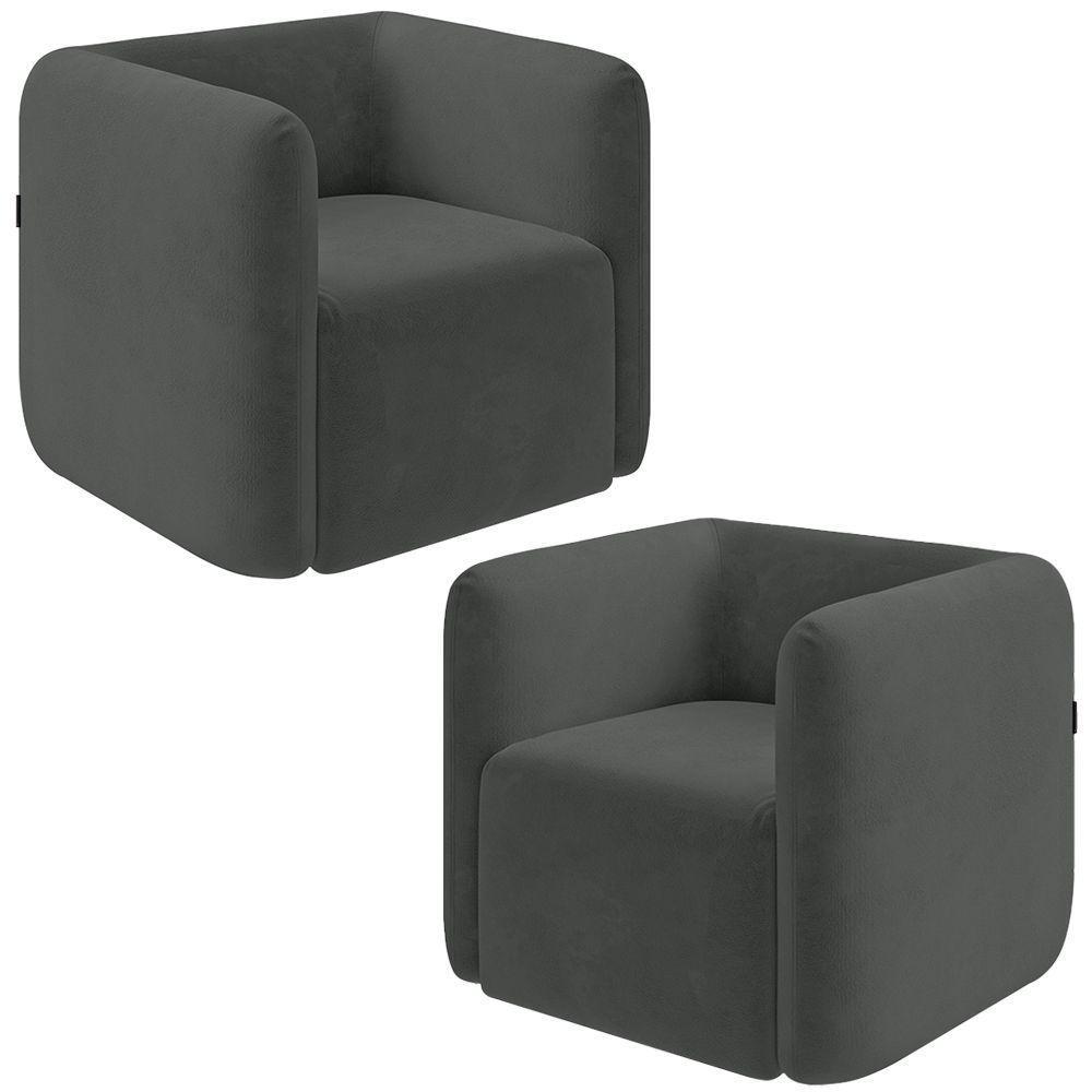 Kit 2 Poltronas Decorativas Sala De Estar Trinidad Base Fixa Veludo Grafite G33 - Gran Belo - 1