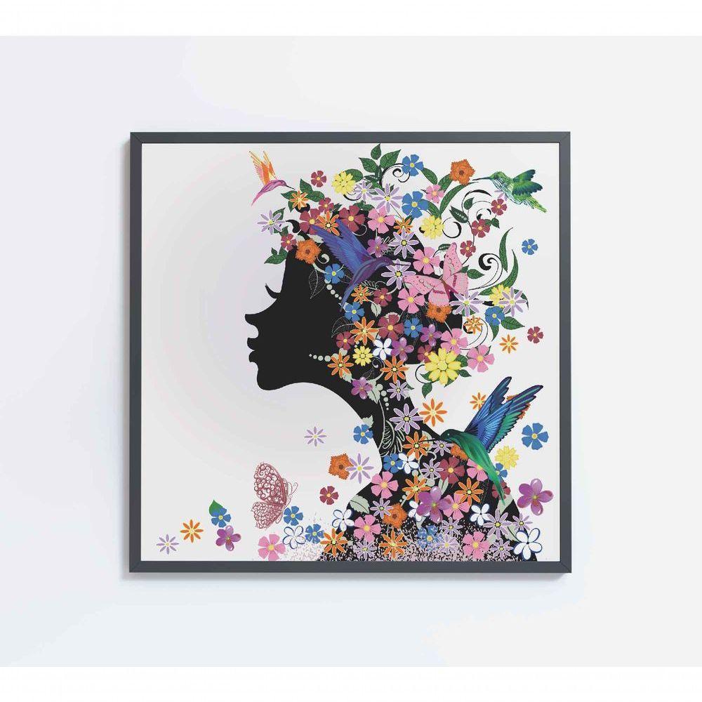 Quadro Desenho Mulher Com Flores Medidas 80x80 Cm Impressão Tecido Canvas - 1