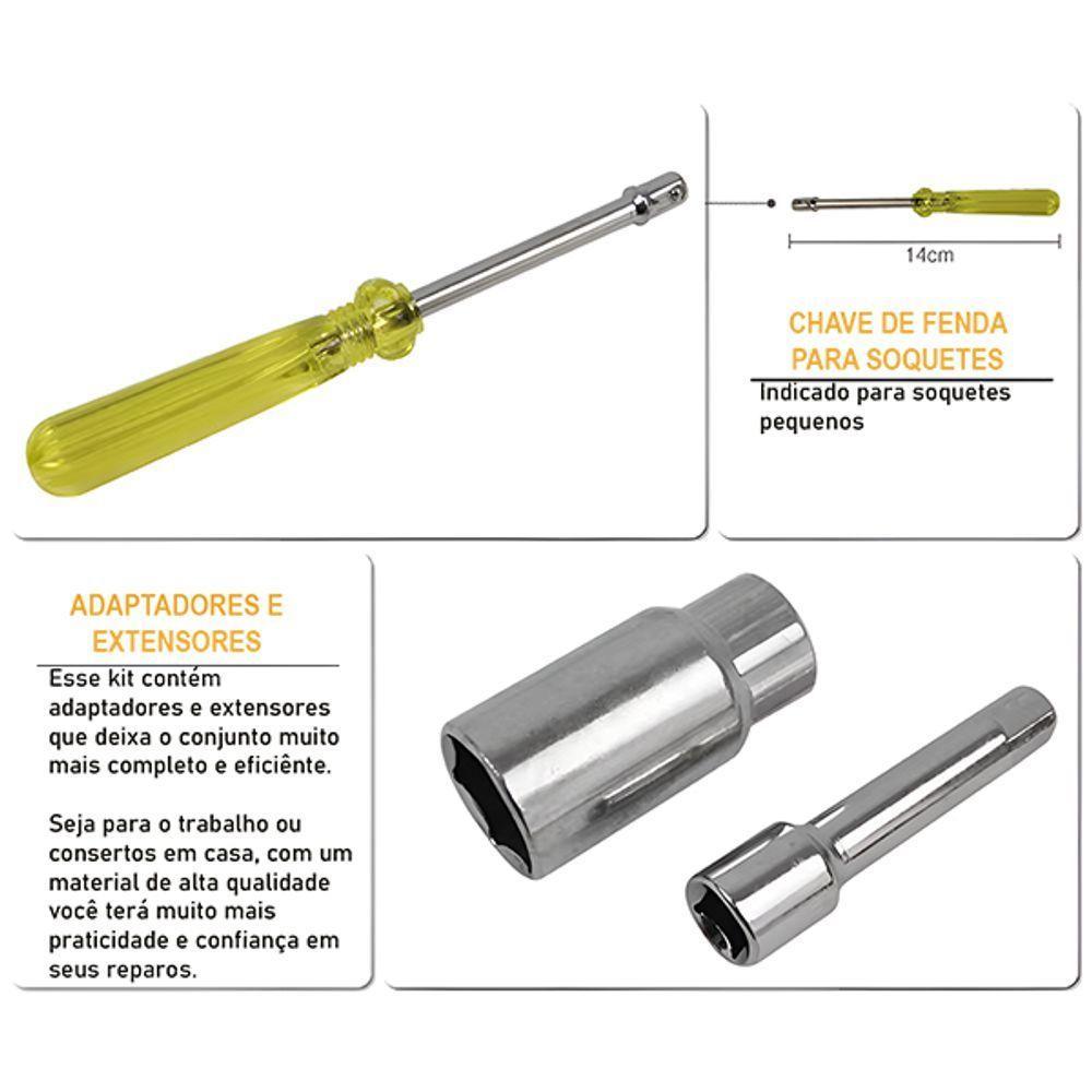 Jogo De Soquetes 1-4" E 3-8" Chave Catraca Reversível 40 Peças Manutenção Completa - 5