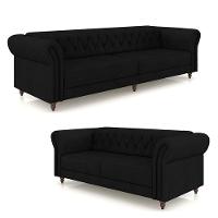 Conjunto De Sofá Stanford Chesterfield 2 E 3 Lugares 180cm-260cm Pés Madeira Couro Preto G58 Gran Belo - 1