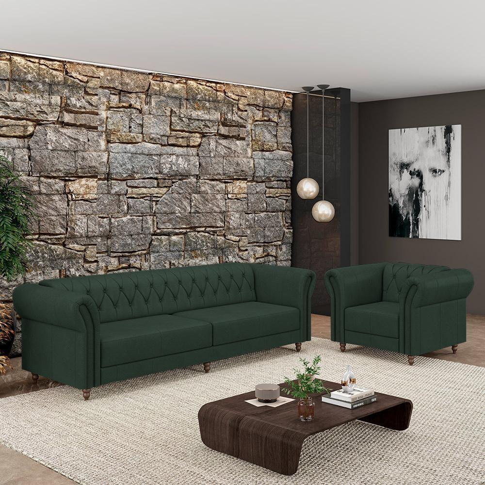 Conjunto 1 Sofá Living 260cm E 1 Poltrona Stanford Chesterfield Pés Madeira Couro Verde G58 Gran Belo - 2