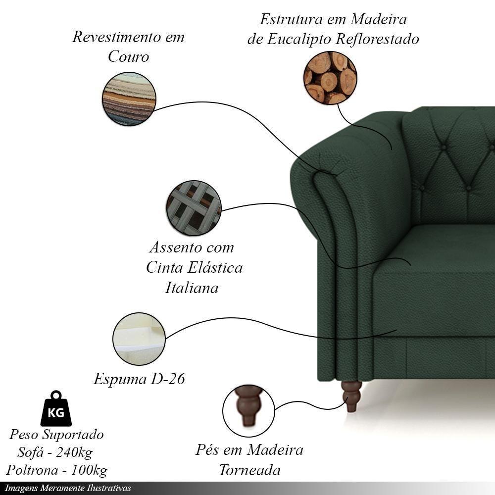 Conjunto 1 Sofá Living 260cm E 1 Poltrona Stanford Chesterfield Pés Madeira Couro Verde G58 Gran Belo - 6