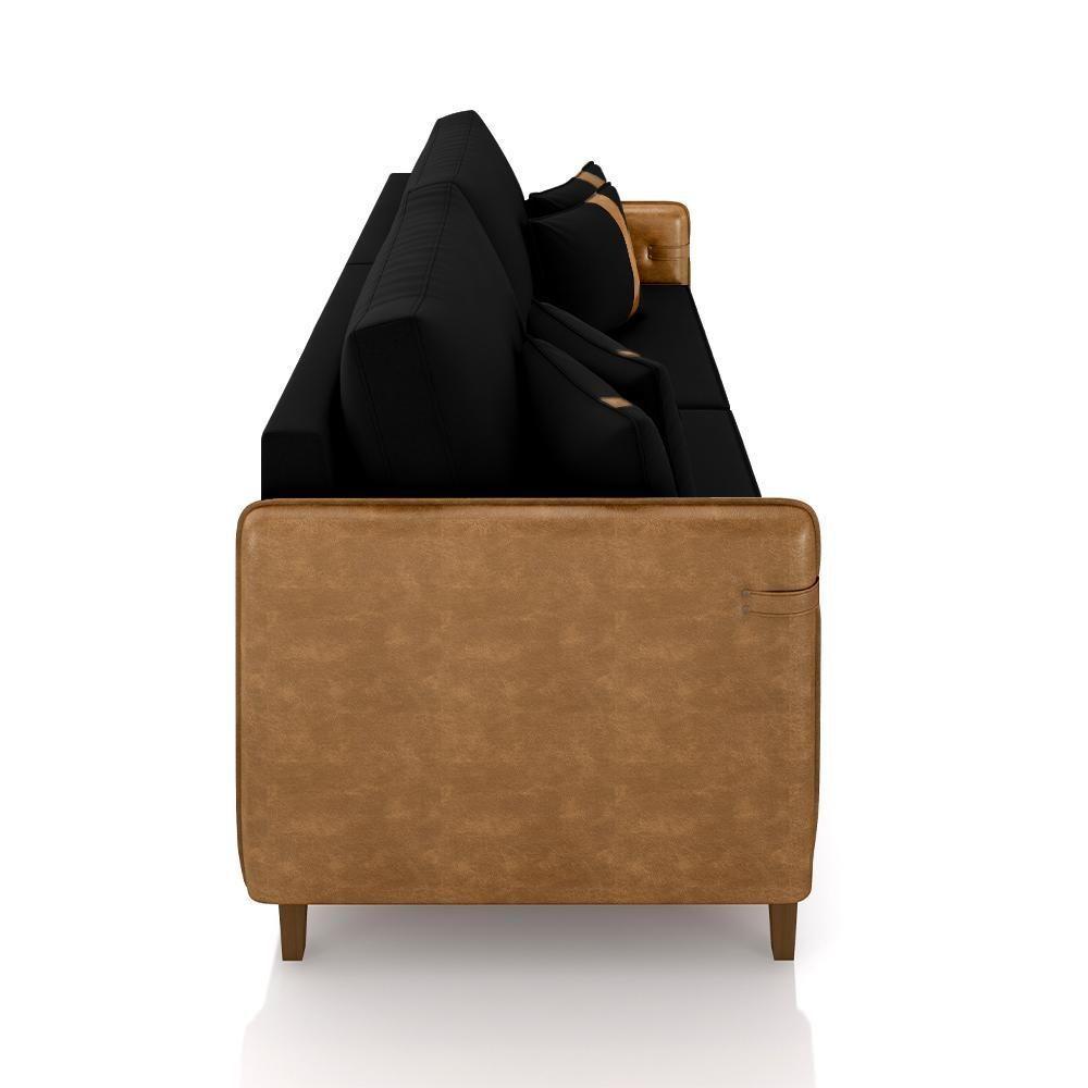 Sofá Living Montecarlo 3 Lugares Bipartido 232cm Pés Em Madeira Veludo-pu Preto-caramelo G33 Gran Belo - 2