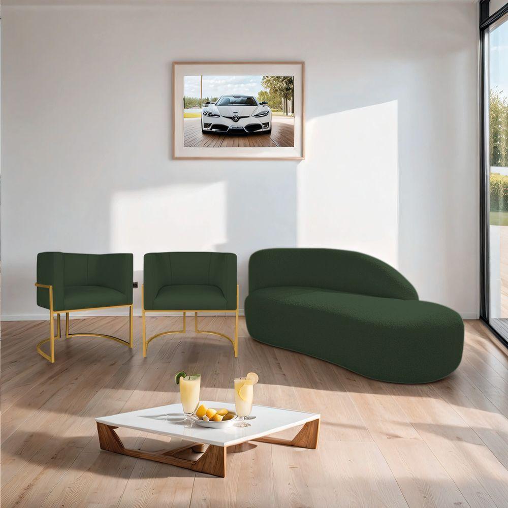Kit Divã Luna 185cm Lado Direito E 02 Poltronas Base De Ferro Dourado Linho Verde - 9