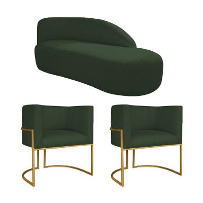 Kit Divã Luna 185cm Lado Direito E 02 Poltronas Base De Ferro Dourado Linho Verde