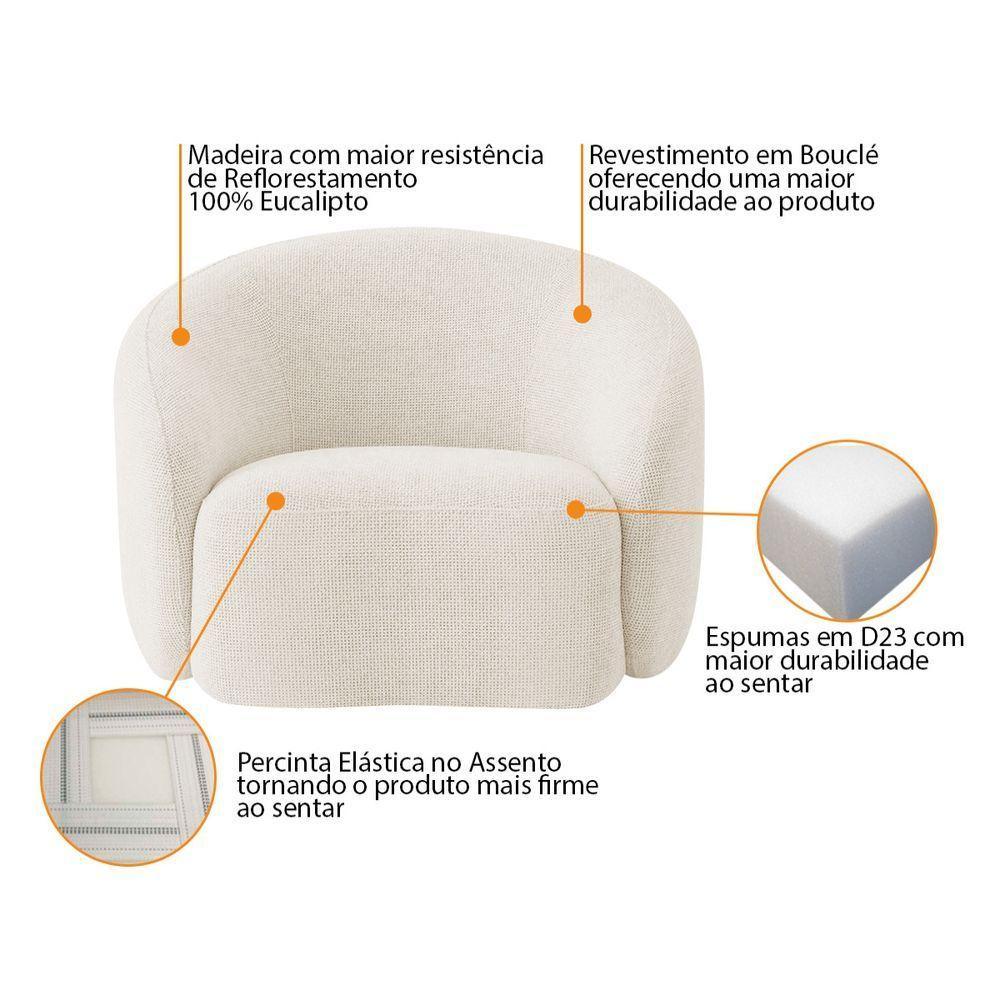 Kit Sofá 3 Lugares 180cm E 2 Poltronas Orgânica Luxo Recepção Amore Bouclé Branco - 9