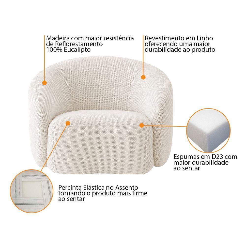 Kit Sofá 3 Lugares 180cm E 2 Poltronas Orgânica Luxo Recepção Amore Linho Bege - 2