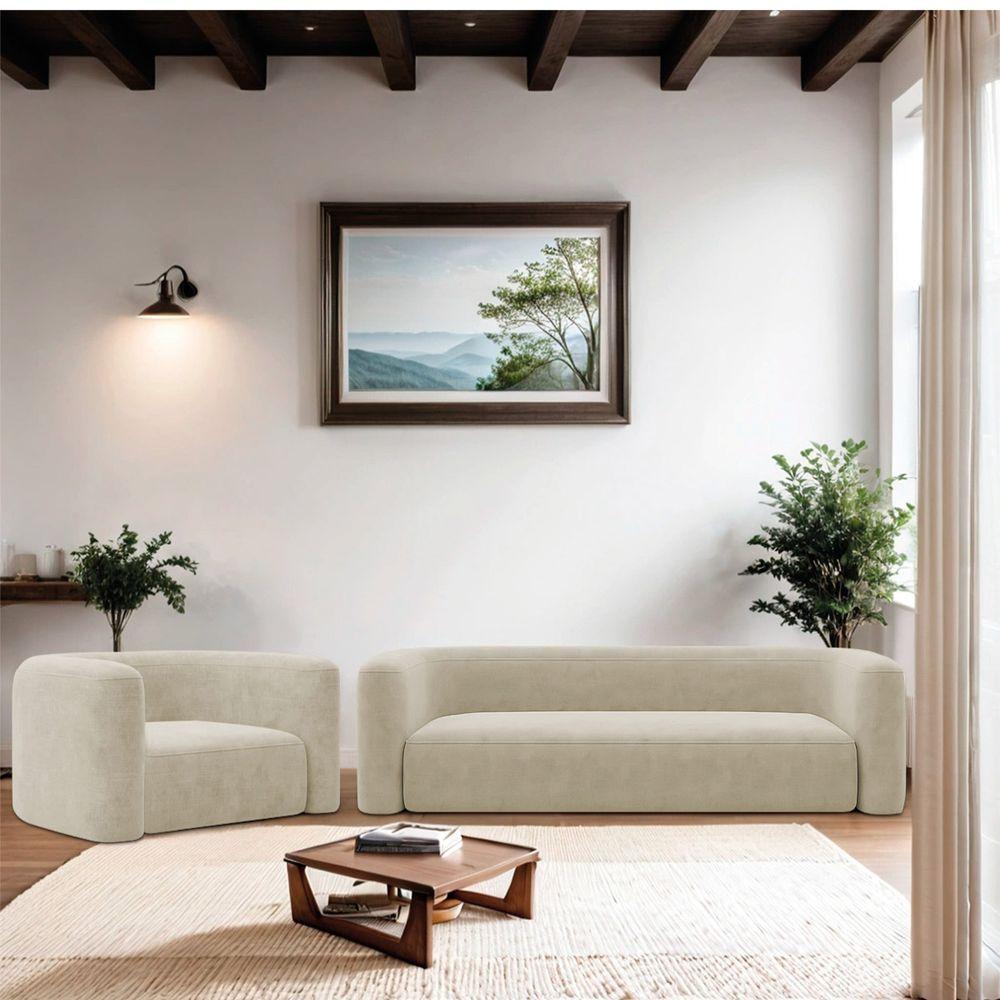 Kit Sofá 2 Lugares 160cm E Poltrona Orgânica Luxo Recepção Melina Bouclé Cor Suede Bege - 9