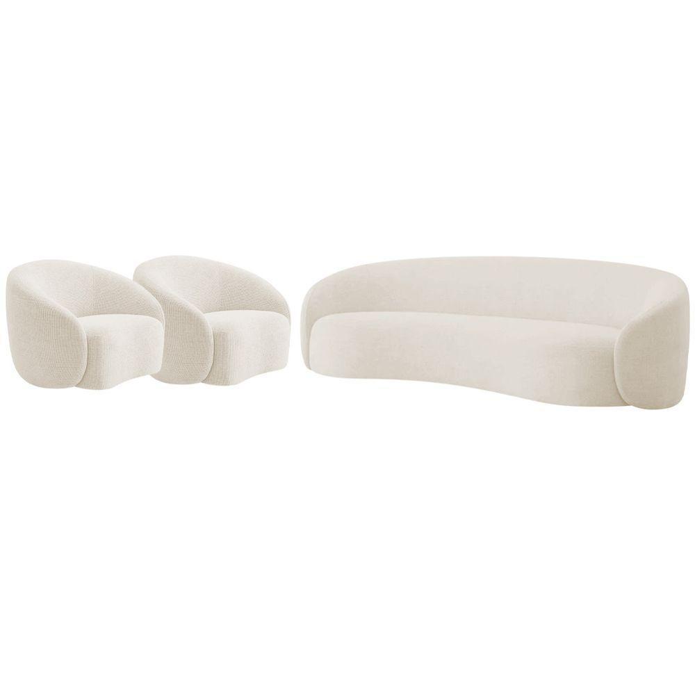Kit Sofá 3 Lugares 200cm E 2 Poltronas Orgânica Luxo Recepção Amore Bouclé Bege - 1