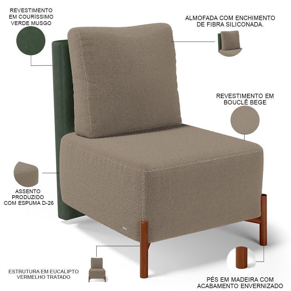 Poltrona Decorativa Living Pés Madeira Hungria L02 Couríssimo Verde Bouclê Bege - Lyam - 6