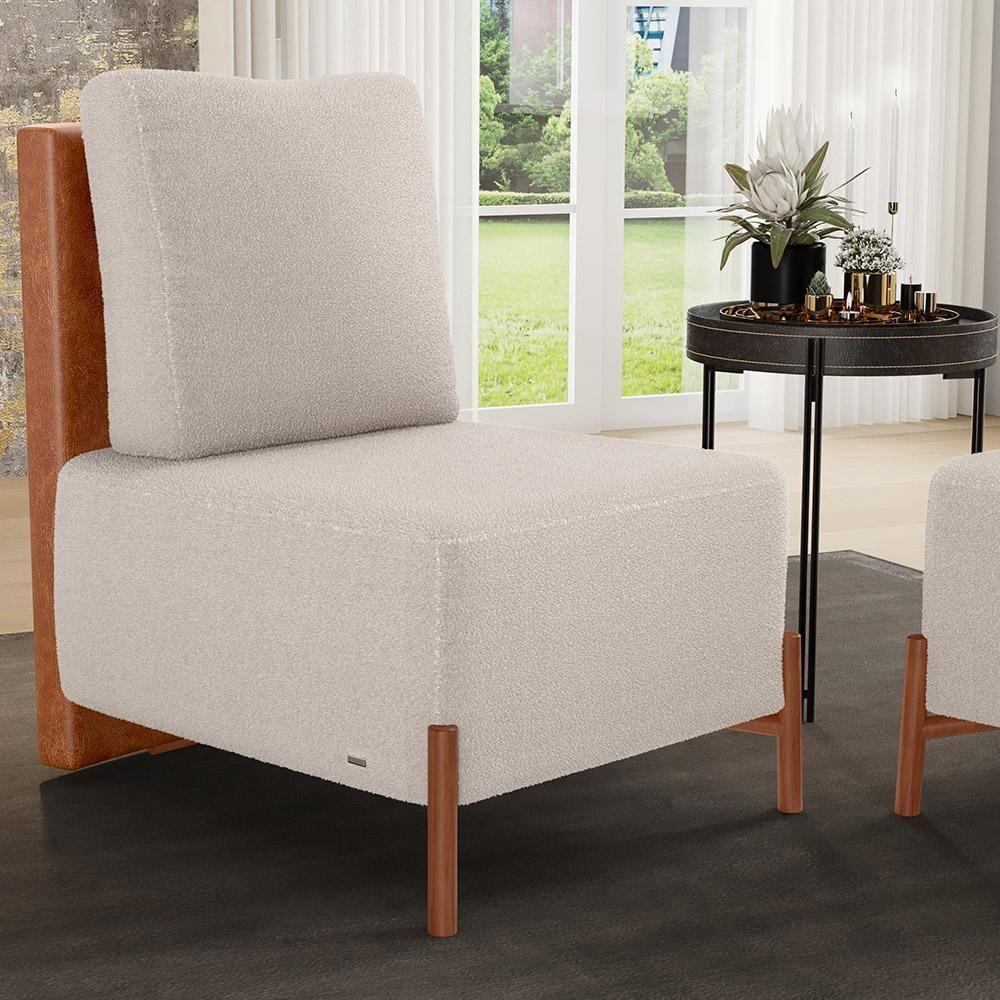Poltrona Decorativa Living Pés Madeira Hungria L02 Couríssimo Camel Bouclê Creme - Lyam - 8