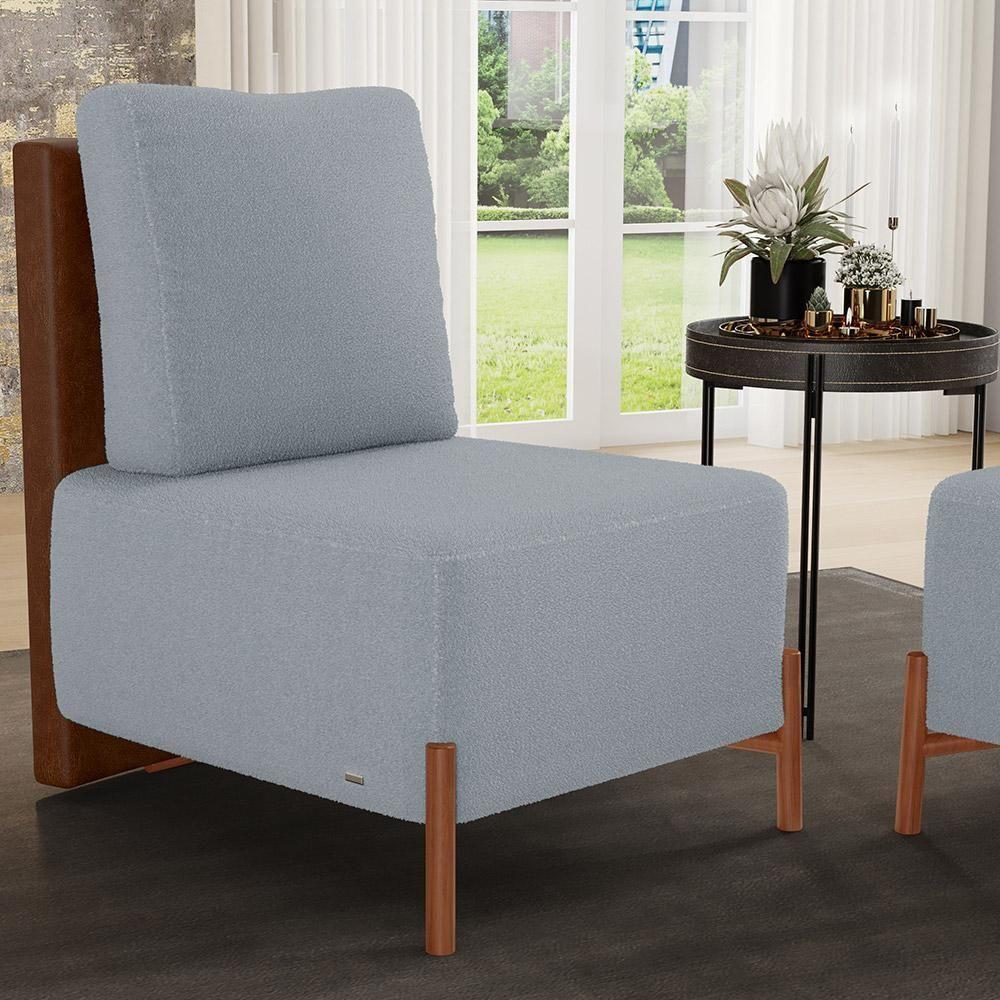 Poltrona Decorativa Living Pés Madeira Hungria L02 Couríssimo Marrom Bouclê Cinza - Lyam - 7