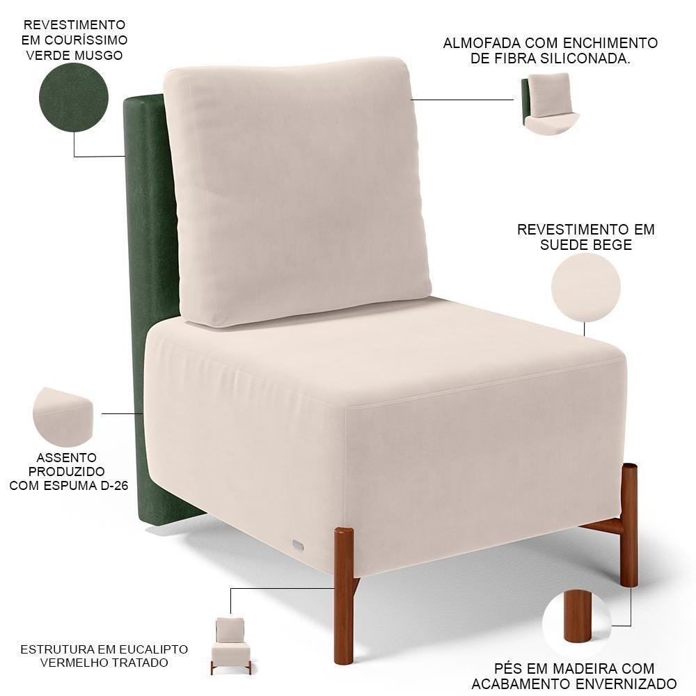 Poltrona Decorativa Living Pés Madeira Hungria L02 Couríssimo Verde Suede Bege - Lyam - 8