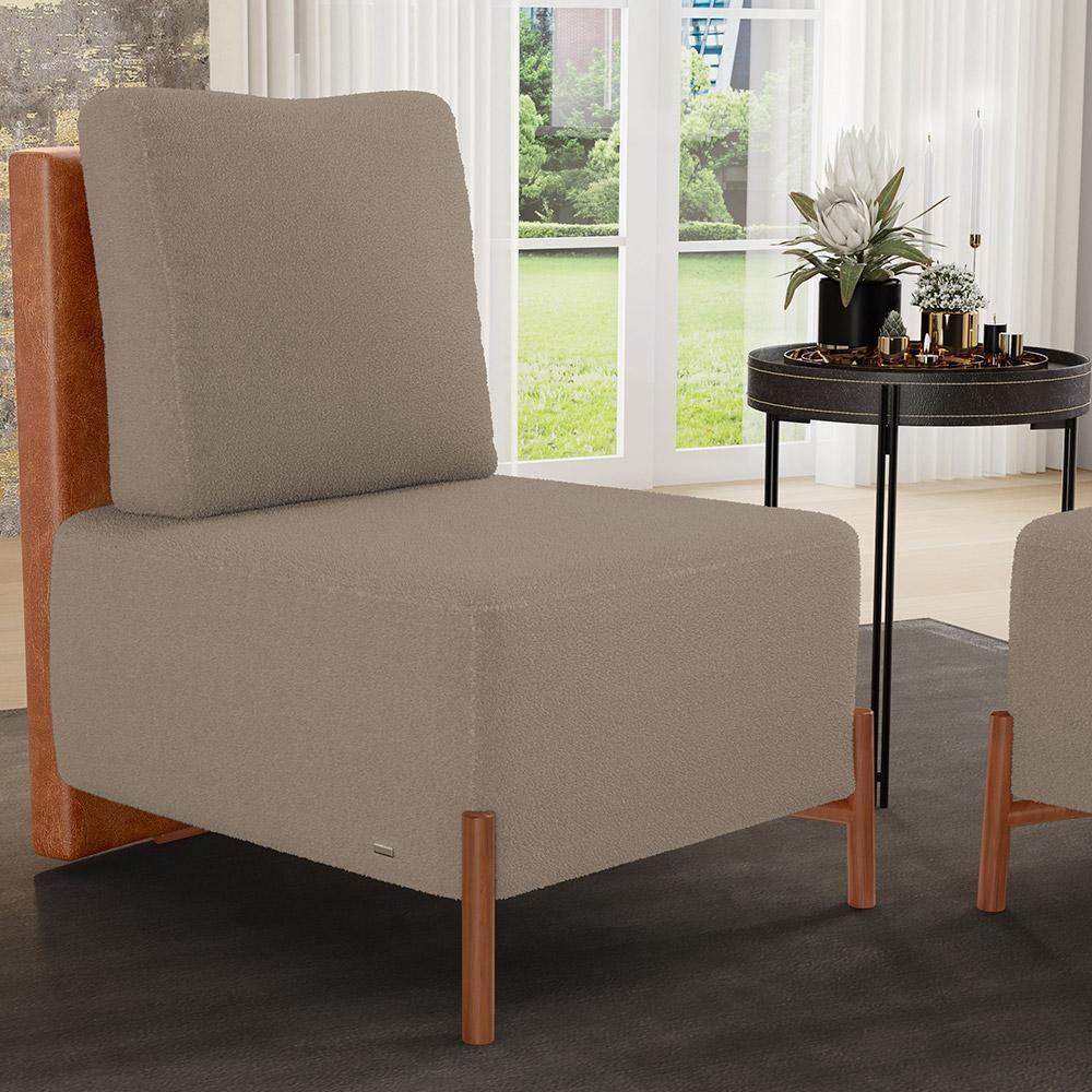 Poltrona Decorativa Living Pés Madeira Hungria L02 Couríssimo Camel Bouclê Bege - Lyam - 7