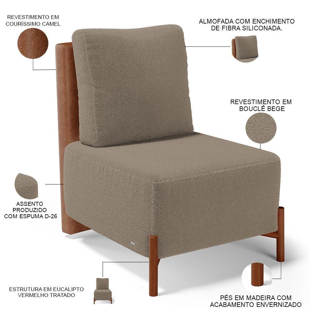 Poltrona Decorativa Living Pés Madeira Hungria L02 Couríssimo Camel Bouclê Bege - Lyam - 8
