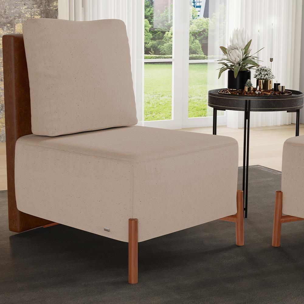Poltrona Decorativa Living Pés Madeira Hungria L02 Couríssimo Marrom Linho Bege Escuro - Lyam - 7